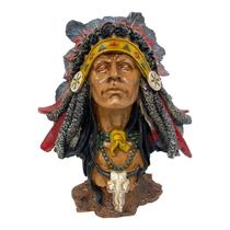 Escultura Busto Índio Guerreiro Cocar Xamã 26 cm em Resina