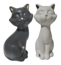 Escultura Casal Gato Decorativo Cerâmica - Preto E Branco