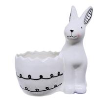 Escultura coelho sentado c/cachepot em forma de ovo cerâmica