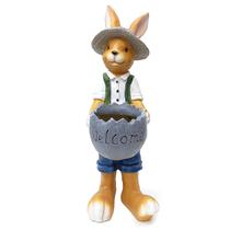 Escultura Coelho Welcome Colete Verde Decorativo 48cm