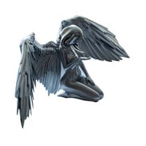 Escultura de estatueta feminina com asas de anjo ajoelhadas com chapéu de capa