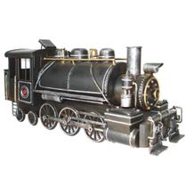 Escultura decor locomotiva miniatura a vapor preta em metal