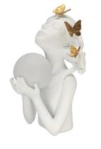 ESCULTURA DECOR MENINA C/ LUA COM LED BRANCO DOURADO 25cm