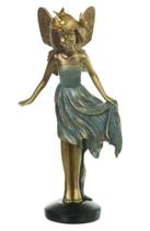 ESCULTURA DECOR POLIRESINA MENINA FADA VERDE E DOURADO 25cm