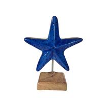 Escultura Decora Estrela Do Mar Azul Material Madeira 19cm