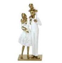 Escultura decorativa Casal com filho e filha (branco e dourado) 23,5cm altura