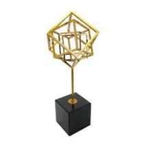 Escultura Decorativa Cubos Metal Menor Dourado Base Luxo