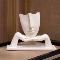 Escultura Decorativa Máscara Com Base Descanso Em Cerâmica Branco 30cm B02 - D'Rossi