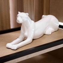 Escultura Decorativa Onça Deitada Branco 52cm B02 - D'Rossi Escultura Decorativa Onça Deitada Branco 52cm B02 - D'Rossi
