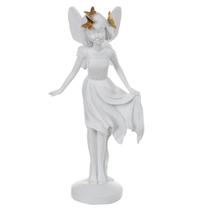 Escultura Decorativa Poliresina Fada Branco e Dourado 25x12,5x8,5cm