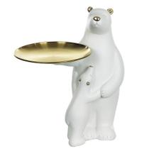 Escultura Decorativa Poliresina Urso Branco e Dourado 30x17x12cm