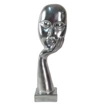 Escultura Decorativa Prateada Rosto Mulher Apoiado Sobre Mão Escultura Decorativa Prateada Rosto Mulher Apoiado Sobre Mão
