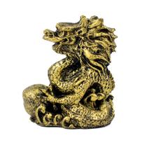 Escultura Dragão Chinês com Esfera Dourado Resina 7 cm
