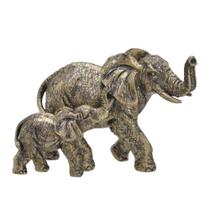 Escultura elefante com filhote em resina dourado e preto