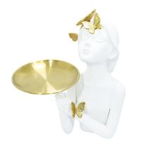 Escultura em Resina Branca Menina Com Borboletas e Bandeja em Metal Dourado