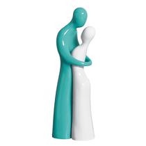 Escultura enfeite Estátua Estatueta Decoração Cerâmica Casal Elegante Verde Aqua / Branco