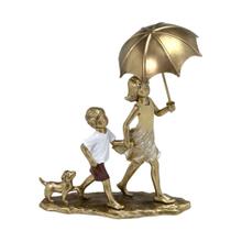 Escultura Estatueta Estátua Irmãos Com Cachorro Guarda Chuva Menino Menina Infantil Resina Decorativa Casa Sala Quarto Escritório Mesa Rack Estante