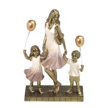 Escultura Estatueta Estátua Mãe Casal De Filhos Com Bexigas Balões Menina Menino Irmãos Decorativa Resina Casa Sala Quarto Escritório Mesa Estante