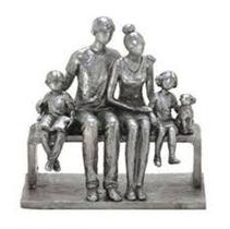Escultura Família Casal com casal de filhos e cão sentados Prata Resina