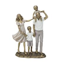 Escultura Família Decorativa Casal com Dois Meninos Dourado e Branco