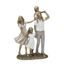 Escultura Família Decorativa Casal com Duas Meninas Dourado e Branco