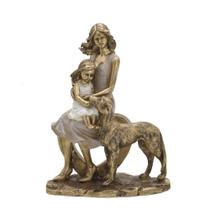 Escultura familia mae com filha e pet dourada e branco