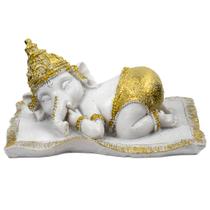 Escultura Ganesh Baby 13cm Deitado Branco Dourado em Resina