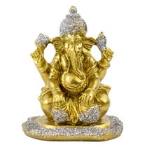 Escultura Ganesh Batucando 10 cm Prata e Dourado Resina