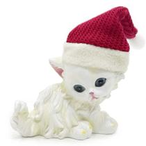 Escultura Gatinho Decor com Gorro Natalino em Resina
