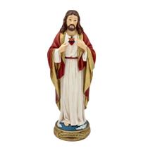 Escultura Imagem Santo Sagrado Coração De Jesus 20cm Resina Decorativa Casa Sala Quarto Escritório Mesa Rack Estante Altar Aparador Presente