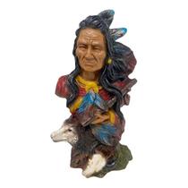 Escultura Índio Xamã Lobo Guerreiro Apache 21 Cm Em Resina