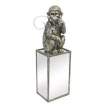 Escultura Macaco Poliresina Prateado Base Espelhado Luxo