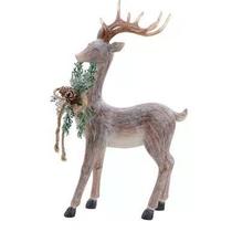 Escultura rena arranjo de folhas marrom em resina