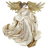 Escultura sacra Anjo flutuando com asas de metal e vestes pérola, dourado e champanhe 37 cm