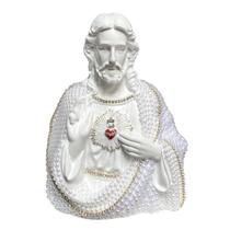 Escultura sagrado coracao de jesus com perolas branca 20cm