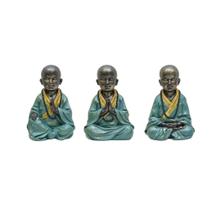 ESCULTURA TRIO DE MONGES MEDITANDO RESINA VERDE E CINZA 18cm