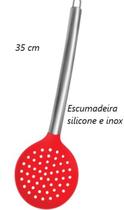 Escumadeira para frituras silicone e aço inox vermelha 35cm uni pastel salgados fritura utensilio de cozinha UD190123