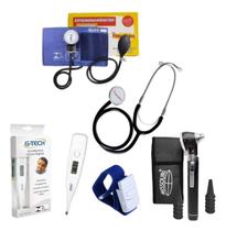 Esfigmo Com Esteto, Garrote Elastano Azul, Termômetro Axilar Branco e OTC Missouri Preto