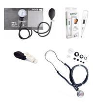 Esfigmomanômetro + Estetoscopio + Garrote + Termômetro Kit Premium Cinza