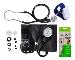 Esfigmomanômetro + Estetoscópio + Termômetro e Garrote Kit Saude Profissional