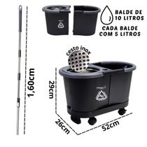Esfregão Giratório 360º Perfect Pro com Balde Inox e Duplo Compartimento Linha Black