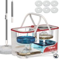 Esfregão giratório e balde, balde de esfregão com separação de água limpa e suja, conjunto de esfregão e balde de 4 câmaras com espremedor para casa, ferramentas de limpeza doméstica com 6 cabeças de esfregão de reposição, roda 4X - branca