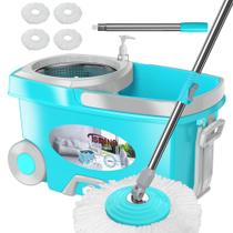 Esfregão giratório e balde FunClean com espremedor, conjunto de 4 recargas azuis