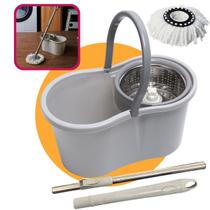 Esfregão Mop Balde 9l Plástico Inox Refil Microfibra Fit Cinza Cabo Extensível 1,15m Limpeza