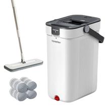 Esfregão Mop Plano com Balde Refil de Microfibra Limpador 3 Compartimentos Cabo Extensor Limpeza de Superfícies Esfregão Mop Plano com Balde Refil de Microfibra Limpador 3 Compartimentos Cabo Extensor Limpeza de Superfícies