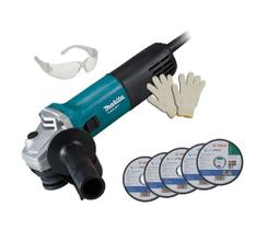Esmerilhadeira Angular Makita 850W, 4.12 polegadas com 5 Discos, Óculos e Luvas M9510B