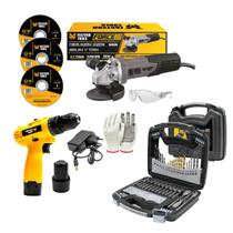 Esmerilhadeira Lixadeira Angular Profisional 1000W com Furadeira Parafusadeira Impacto ⅜” 12V e Jogo de Brocas