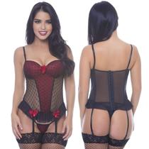 Espartilho Completo Preto Em Tule Com Bojo Lingerie Sexy Sensual Érica