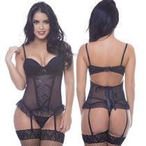 Espartilho Completo Preto Em Tule e Renda Com Bojo Aberto Lingerie Sexy Sensual Carol