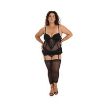 Espartilho Plus Size Sensual Corpete Meias Cinta Liga Melani Preto